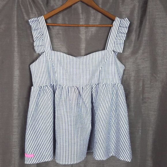 NEW NWT Simply Southern Blue Gray Seersucker Stripe Peplum Blouse Size XL - Picture 4 of 8